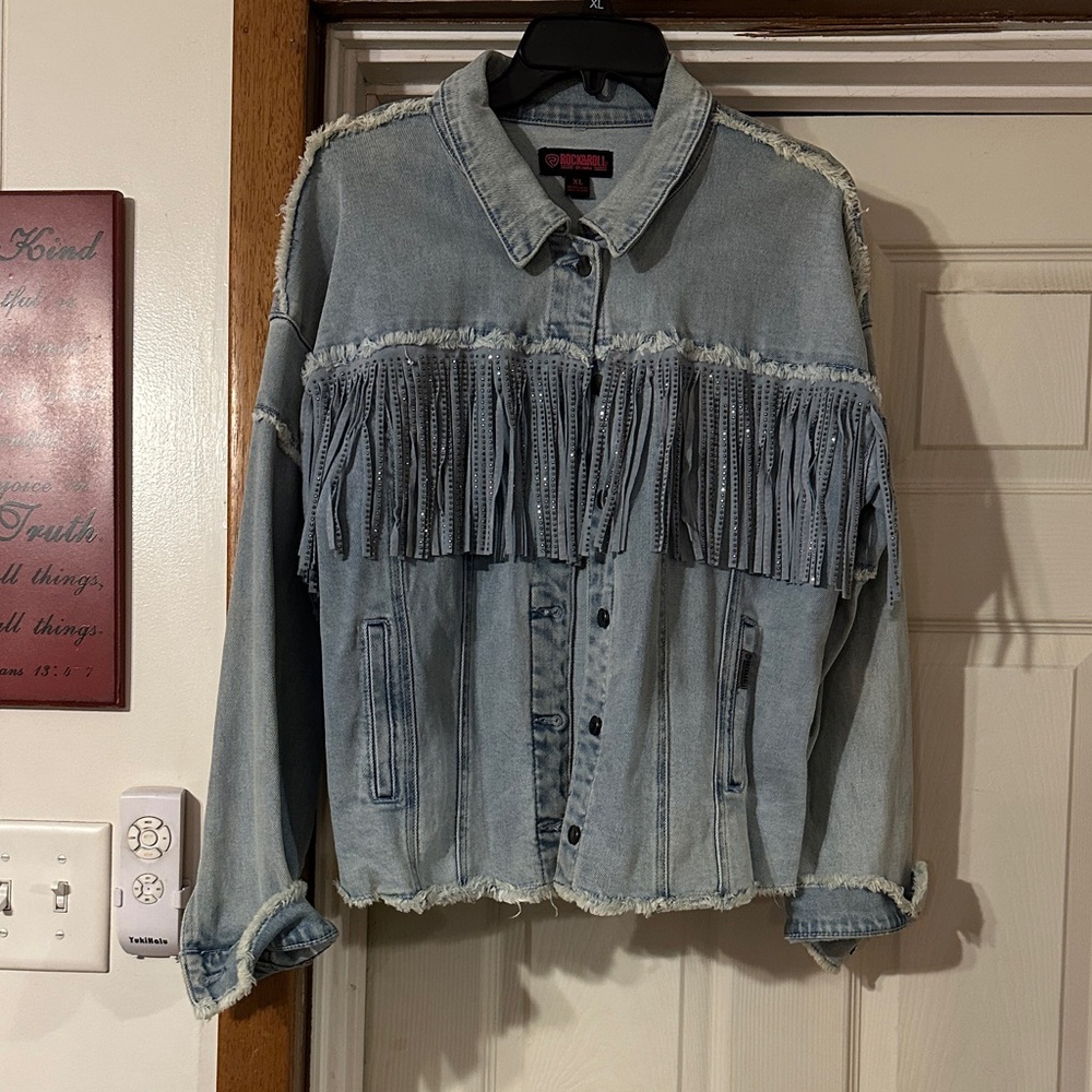 Rock & Republic Light Blue Fringe Jean Jacket